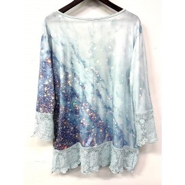 Women 3/4 Sleeve V-neck Polka Dot Printed Graphic Lace Button Tops