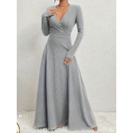 1pc Elegant Plus Size V-Neck Long Sleeve A-Line Dress - Polyester Knit Fabric, Solid Color, Cross Detail, Flared Hem, Pullover Style for Spring/Fall Casual Occasions