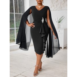 Plus Size, Women's Fashionable and Elegant Batwing Sleeve Mesh Splicing Plus Size Wrap Dress
