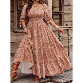 Women's Casual Floral Print Square Neck Dress with Lantern Sleeves - A-Line Silhouette, Flared Hem & Machine Washable Fabric for All-Season Wear, Versatile for Casual to Semi-Formal Occasions YZ199, Semiformal Attire, Flowy Skirt Style