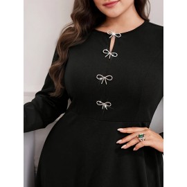 Plus Size - Elegant Plus Size Women'S Solid Color Dress with Front Bow Detail - Comfortable, Breathable, Long Sleeve, Flared Hem, Round Neck, All-Season Wear, Formal Attire|Elegant Dress|Comfortable Fit