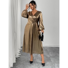 Plus Size - Elegant Plus Size V-Neck Long Sleeve Dress with Puff Sleeves and Cinched Waist - Golden, Flowing A-Line Silhouette, Perfect for Formal Occasions, Formal Evening Wear | Vneck Dress | Glossy Texture