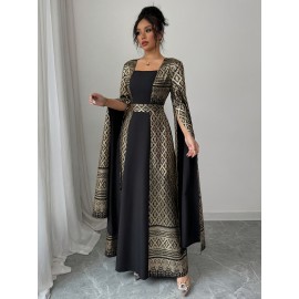 Plus Size Women's Elegant Formal Party Wedding Dress/Long Sleeve Flared Blouse, Flared Skirt/Non-Stretchy Fabric/Plus Size Formal Events & Casual Attire/Year-Round Evening Gown/Wedding Guest Dresses/Special Occasion Gown/Sophisticated Design/Structured Fit/Stylish Gown/Fashion Lovers