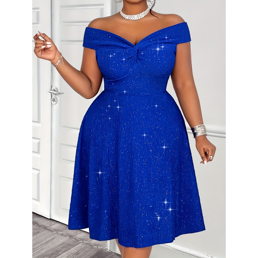 Plus Size - Plus Size, Women'S Plus Size Sexy Twist Off-Shoulder Sparkling A-Line Dress, Suitable for Parties, Cocktail Events, Christmas, Valentine'S Day, Formal Wear, Party Wear