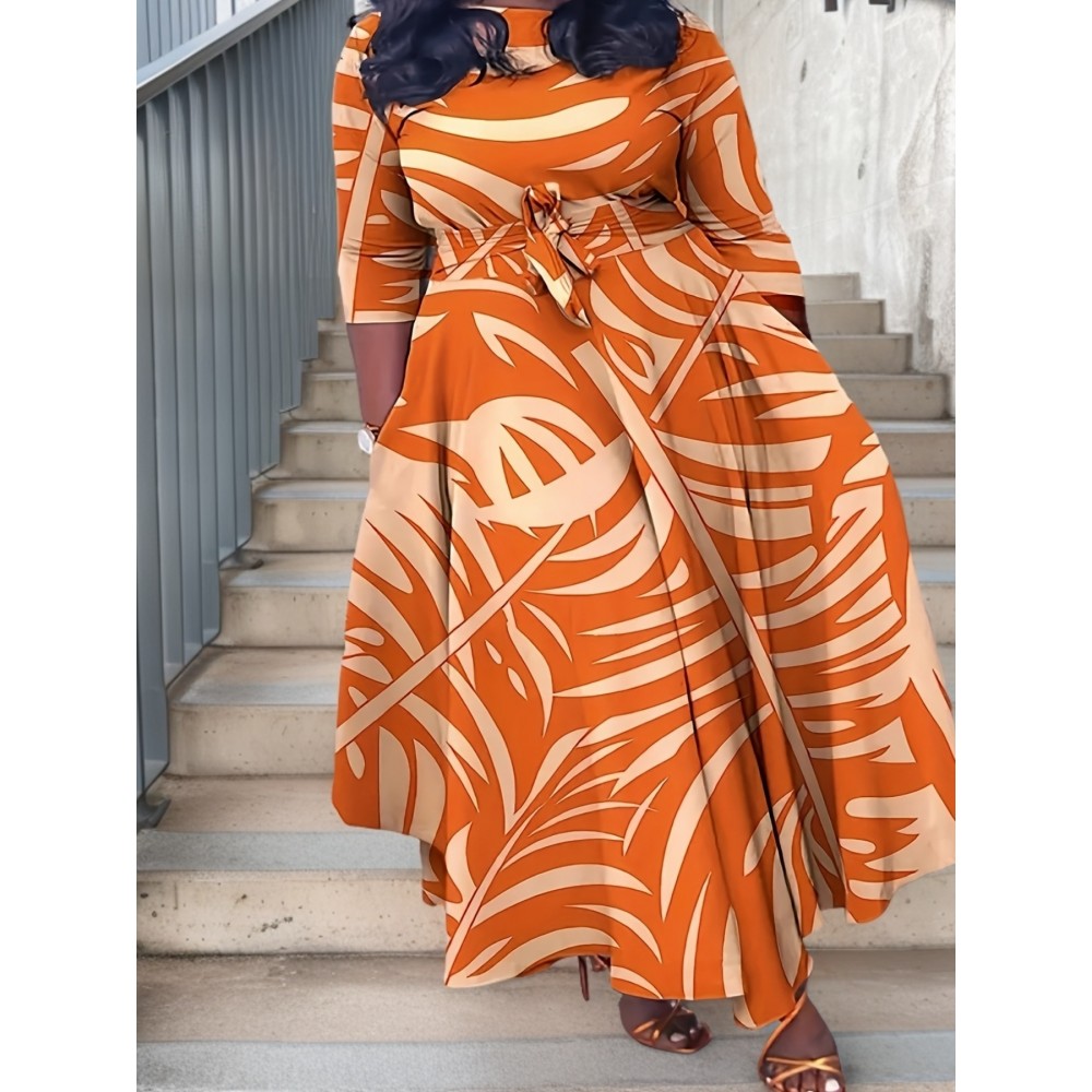 Tropical Print Maxi Dress for Women - Casual Crew Neck, 5-Point Sleeve with Tie Waist, Plus Size, Vibrant Orange & Yellow Leaf Pattern, All-Season Comfort