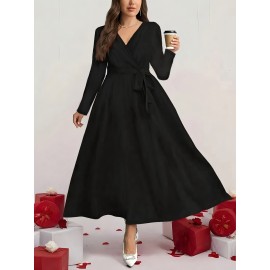 Plus Size, 's Elegant V-Neck Short-to-Medium Length (knee/ankle) A-Line Dress - Wrinkle-Free & Tie Waist, Short Sleeve-like-like Collar-like -like Design (No Bulk), All-Season Wear for Weddings, Parties, or Semi