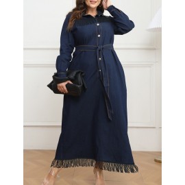 Plus Size Casual Long Sleeve Tunic Dress, Cotton Blend, Slight Stretch, Solid Color, Loose Fit, with Lapel Collar, Tassel Detail, for Fall/Winter