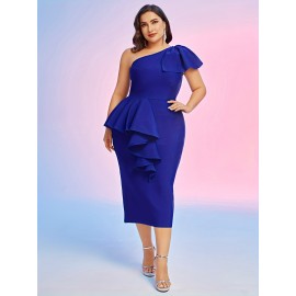 Plus Size One Shoulder Ruffle Trim Dress, Casual Short Sleeve Bodycon Dress, Women's Plus Size Clothing
