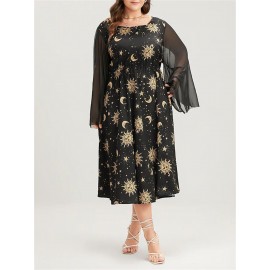 Women's Halloween Flowy Dress Elegant Long Sleeve Scoop Neck Sun Moon Print Pocket Dress Midi Dress