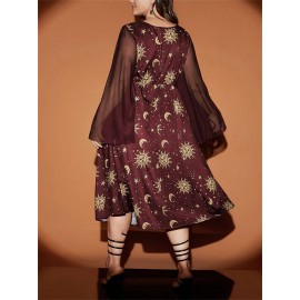 Women's Halloween Flowy Dress Elegant Long Sleeve Scoop Neck Sun Moon Print Pocket Dress Midi Dress