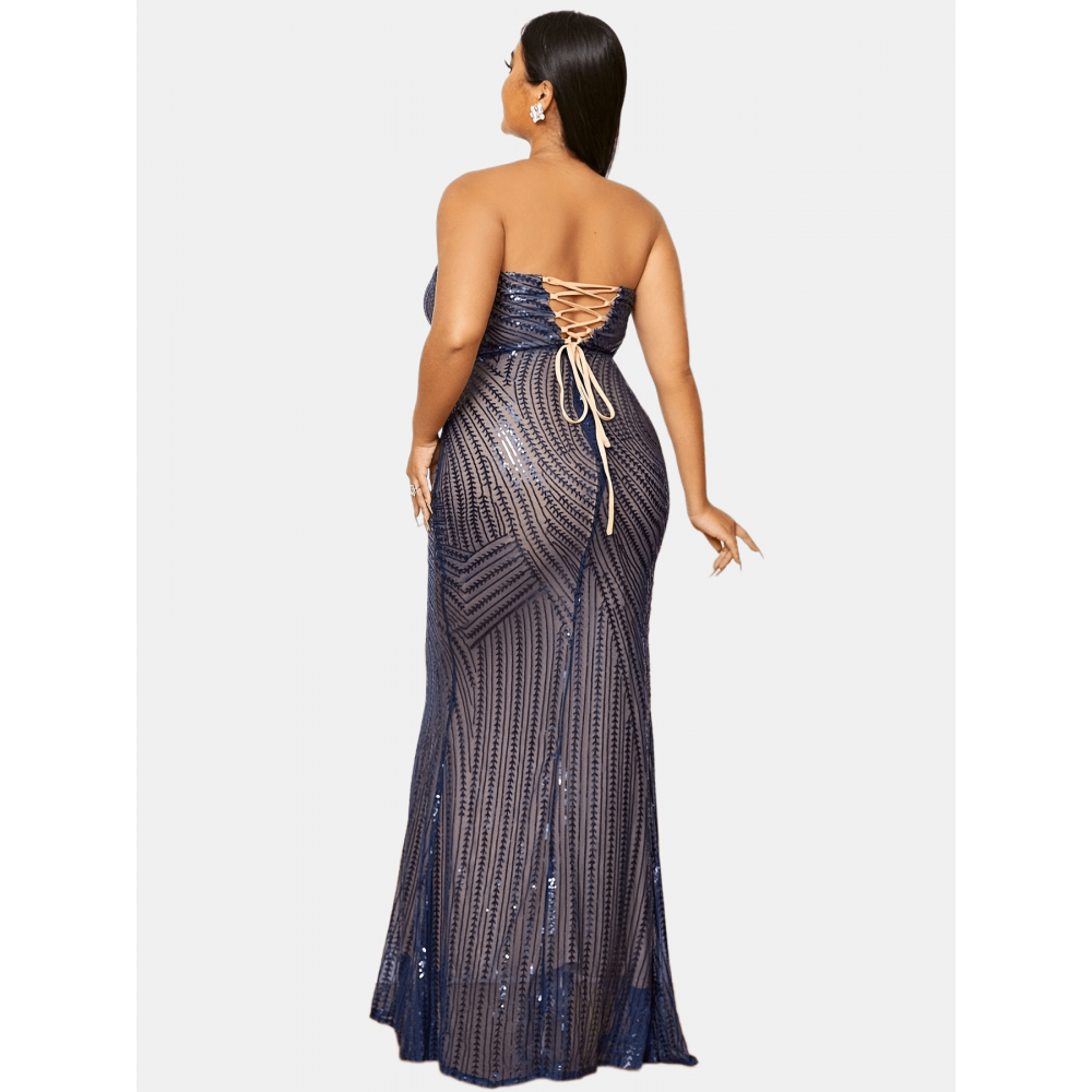 Plus Size Sexy Party Dress, Women's Plus Sequins Split Hem Lace Up Backless Tube Prom Dress