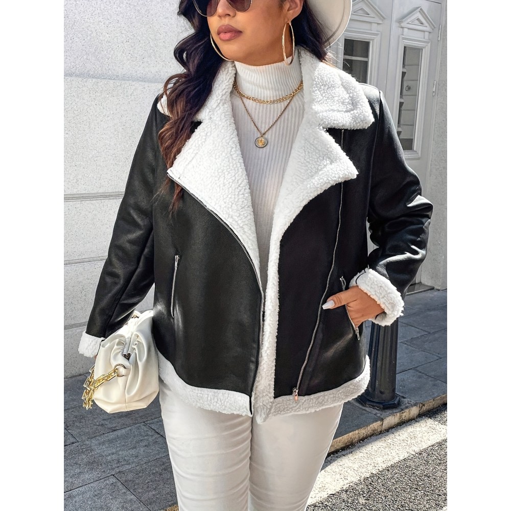 Plus Size Women's Full-Zip Motorcycle Jacket with Horseback Riding Zipper, Biker Coat, Warm Winter Outerwear, White & Collar - Casual & Motorcycle Riding (Curvy Female)