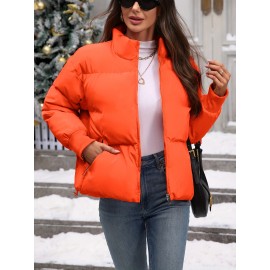 Women's Plus Size Winter Elegant Outerwear Coat - Full-Length Zipper Front Closure, Stand Collar H-Line Silhouette, Machine Washable Solid Color Jacket for Cold Weather, Casual & Dressy Occasions
