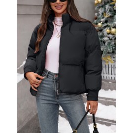 Women's Plus Size Winter Elegant Outerwear Coat - Full-Length Zipper Front Closure, Stand Collar H-Line Silhouette, Machine Washable Solid Color Jacket for Cold Weather, Casual & Dressy Occasions
