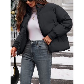 Women's Plus Size Winter Elegant Outerwear Coat - Full-Length Zipper Front Closure, Stand Collar H-Line Silhouette, Machine Washable Solid Color Jacket for Cold Weather, Casual & Dressy Occasions