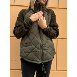 Plus Size Women's Thick Winter Cardigan Jacket - Zippered Collar Coat with Full-Zip Front, Stand Collar & Long Sleeves, Machine Washable Outerwear for Fall/Winter, Brown Trench Coat (Casual & Professional) - No Bulk Under Jacket