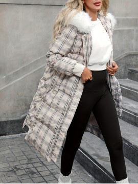 Plus Size - Women'S Heavy-Duty Winter Coat - Thermal Insulated Hooded Jacket with Plaid Pattern, Long Sleeve Outerwear for Cold Weather, Machine Washable (no Belt) - Plus Size Friendly, Winter Jacket, Casual Winter Wear