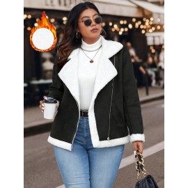 Plus Size Women'S Color Block Lapel Collar Zip-Up Jacket - Warm Fleece-Lined Casual Outerwear with Front Pockets, Solid Color Design for Fall/Winter, Cozy Layering Piece, Winter Jacket, Fall Fashion, Sporty Style, Durable Fabric