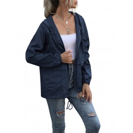 Women's Water-Resistant Hooded Jacket - Solid Color, Zip-Up with Drawstring Detail, Casual Polyester Coat for Spring/Fall, Machine Washable - Sizes L to XXL