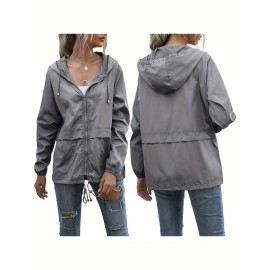 Women's Water-Resistant Hooded Jacket - Solid Color, Zip-Up with Drawstring Detail, Casual Polyester Coat for Spring/Fall, Machine Washable - Sizes L to XXL