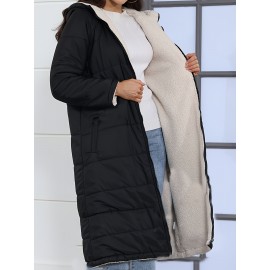 Women'S Plus Size Hooded Winter Coat, Solid Color Polyester 100% Long Sleeve Thick Warm Windproof Casual Street Style Jacket with Pockets, Non-Stretch Woven Fabric, for Autumn and Winter