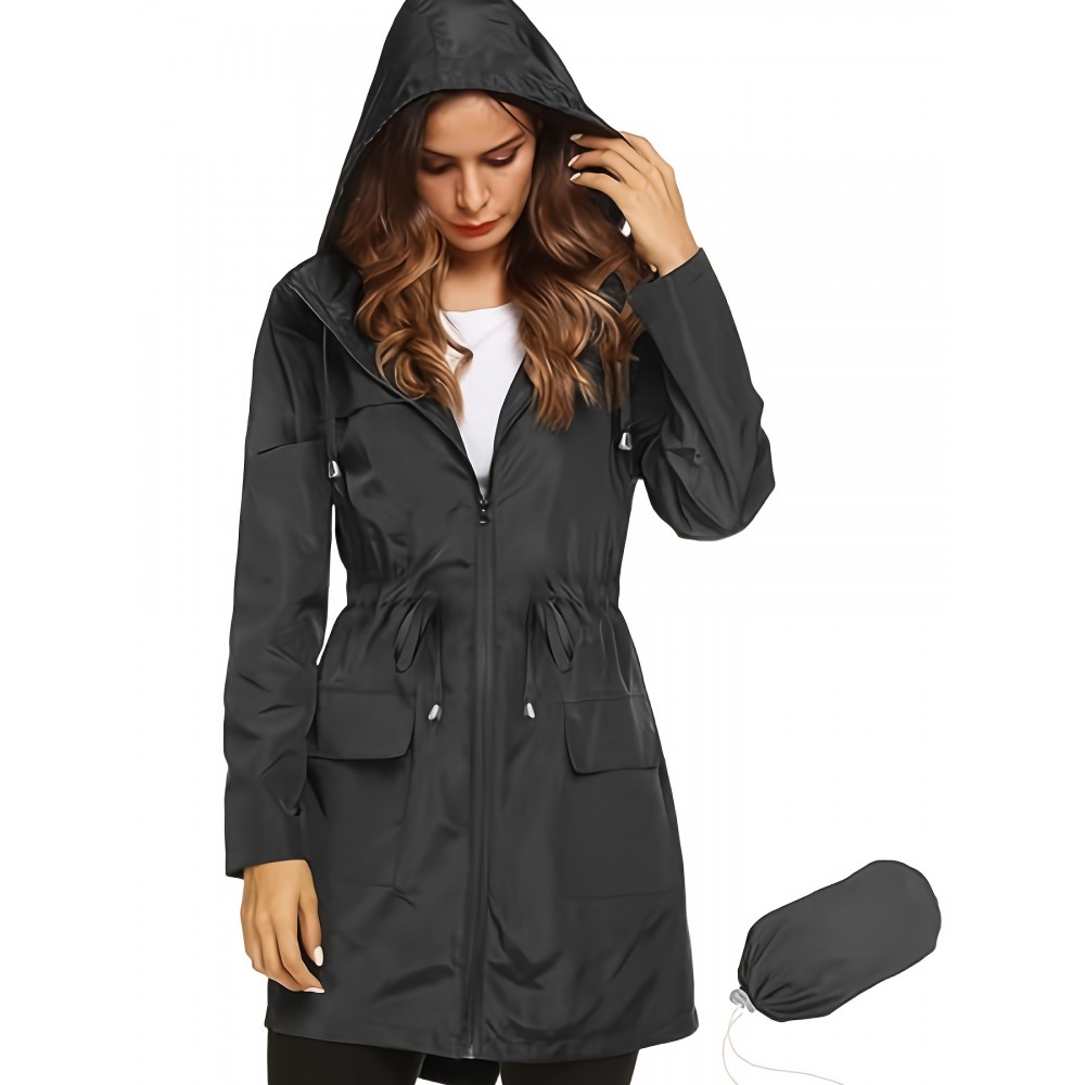 1pc Women's Plus Size Casual Hooded Drawstring Long Coat Jacket, Polyester Solid Color Regular Sleeve Open Front Split Hem Trench for All Seasons