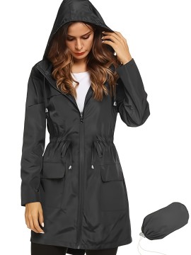 1pc Women's Plus Size Casual Hooded Drawstring Long Coat Jacket, Polyester Solid Color Regular Sleeve Open Front Split Hem Trench for All Seasons