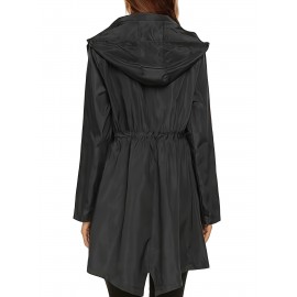 1pc Women's Plus Size Casual Hooded Drawstring Long Coat Jacket, Polyester Solid Color Regular Sleeve Open Front Split Hem Trench for All Seasons