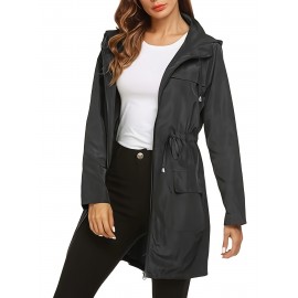 1pc Women's Plus Size Casual Hooded Drawstring Long Coat Jacket, Polyester Solid Color Regular Sleeve Open Front Split Hem Trench for All Seasons