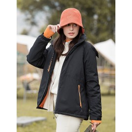 1pc Women'S Windproof Water-Resistant Breathable Casual Outdoor Sports Jacket, 100% Polyester Hooded Thickened Climbing Coat, Long Sleeve Winter Sports Apparel with Zipper and Alphabet Pattern
