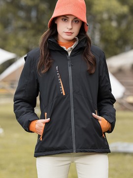 1pc Women'S Windproof Water-Resistant Breathable Casual Outdoor Sports Jacket, 100% Polyester Hooded Thickened Climbing Coat, Long Sleeve Winter Sports Apparel with Zipper and Alphabet Pattern