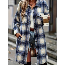Women's Plus Size Plaid Button-Up Shirt Style Trench Coat, Casual Long Sleeve Open-front Overcoat with Pockets, Vintage-Inspired Polyester Woven All-Season Jacket