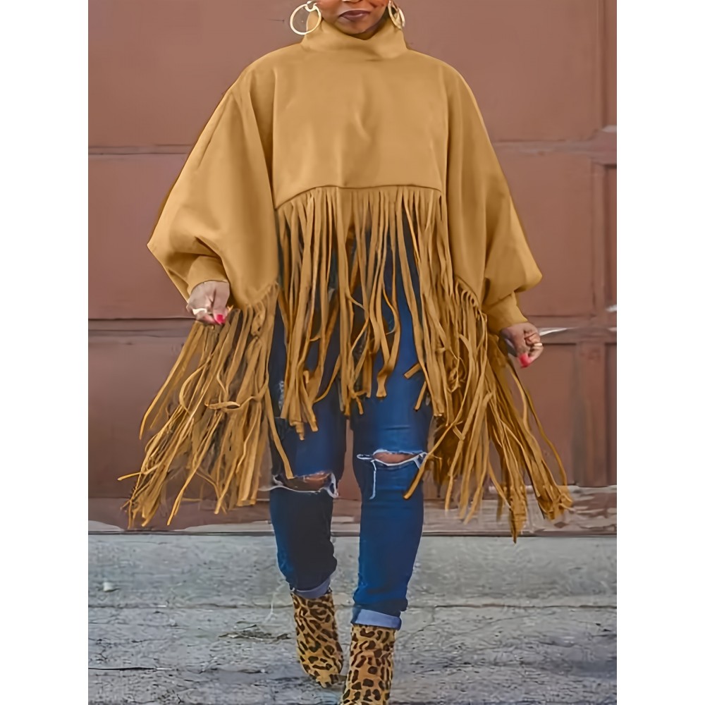 Plus Size, Plus Size Women's Batwing Sleeve Turtleneck Top with Fringe Hem - Loose Fit Casual Chic Long Sleeve Shirt, Solid Color Machine Washable Fall Winter Clothing for Women, Elegant Overlay, Highneck Shirt, Easycare Fabric, Spring Outfit, Durable Shirt, Curvy Fashion