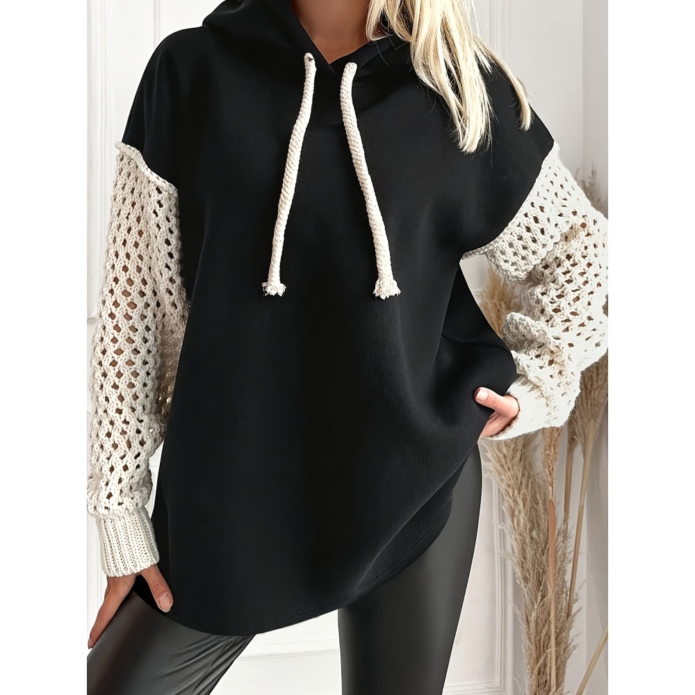 Plus Size, Women's Plus-Size Hoodie - Black & White Contrast Sleeves, Ribbed Cuffs & Hem, Cozy Pullover Sweatshirt for All-Season Casual Wear, Sweater Hoodie, Hooded Sweatshirt, Durable Knitwear