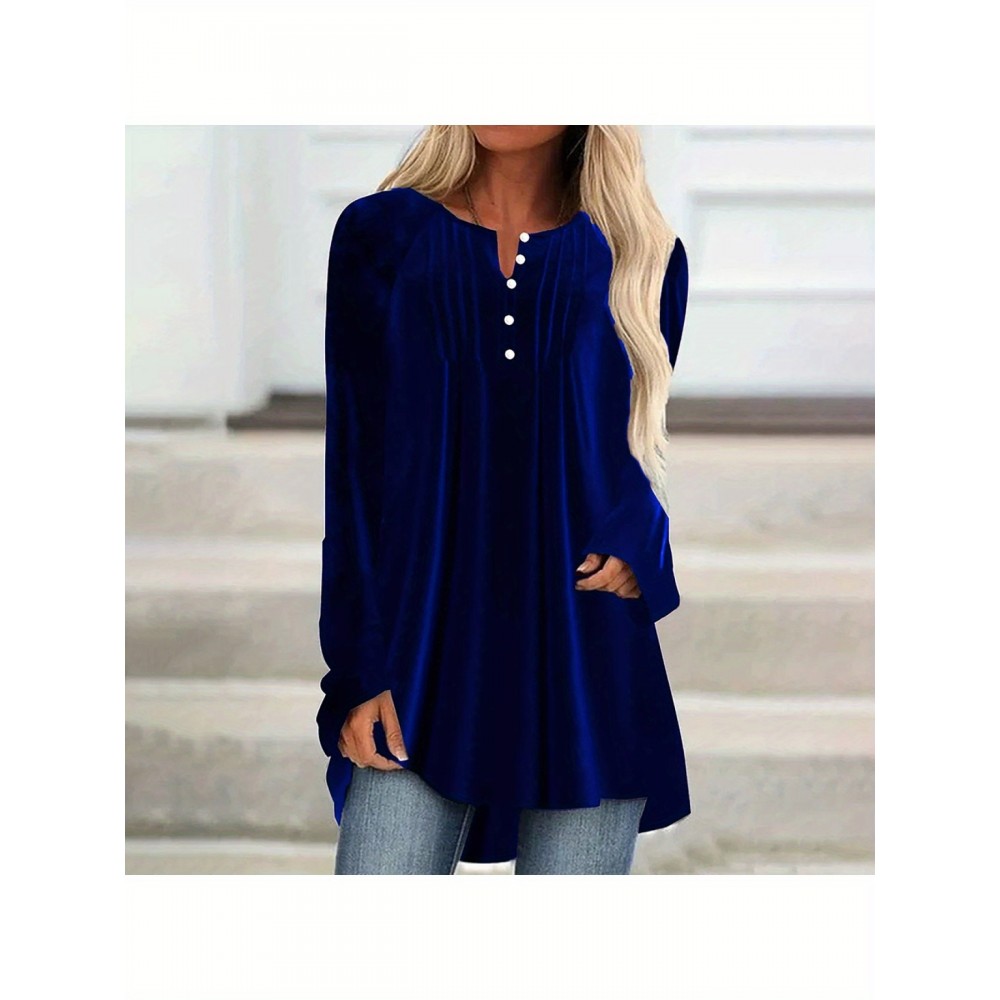 Plus Size, Womens Velvet Fall Winter Shirt V-Neck Button Detail, Draped Front, Easy Pair with Jeans/Skirts, Asymmetrical Hem for Office/Casual, Casual Outfit, Winter Wardrobe, Asymmetrical Design, Vneck Blouse, Cozy Texture, Premium Material, Long Sleeve Top, Versatile Top, Fashion Women, Plus Size